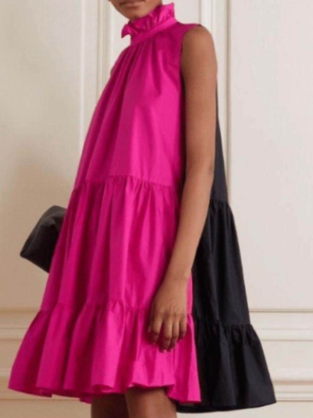 Roksanda Dress Poplin Tiered Mini Ruffle Mock Neck in Colorblock Pink & Navy